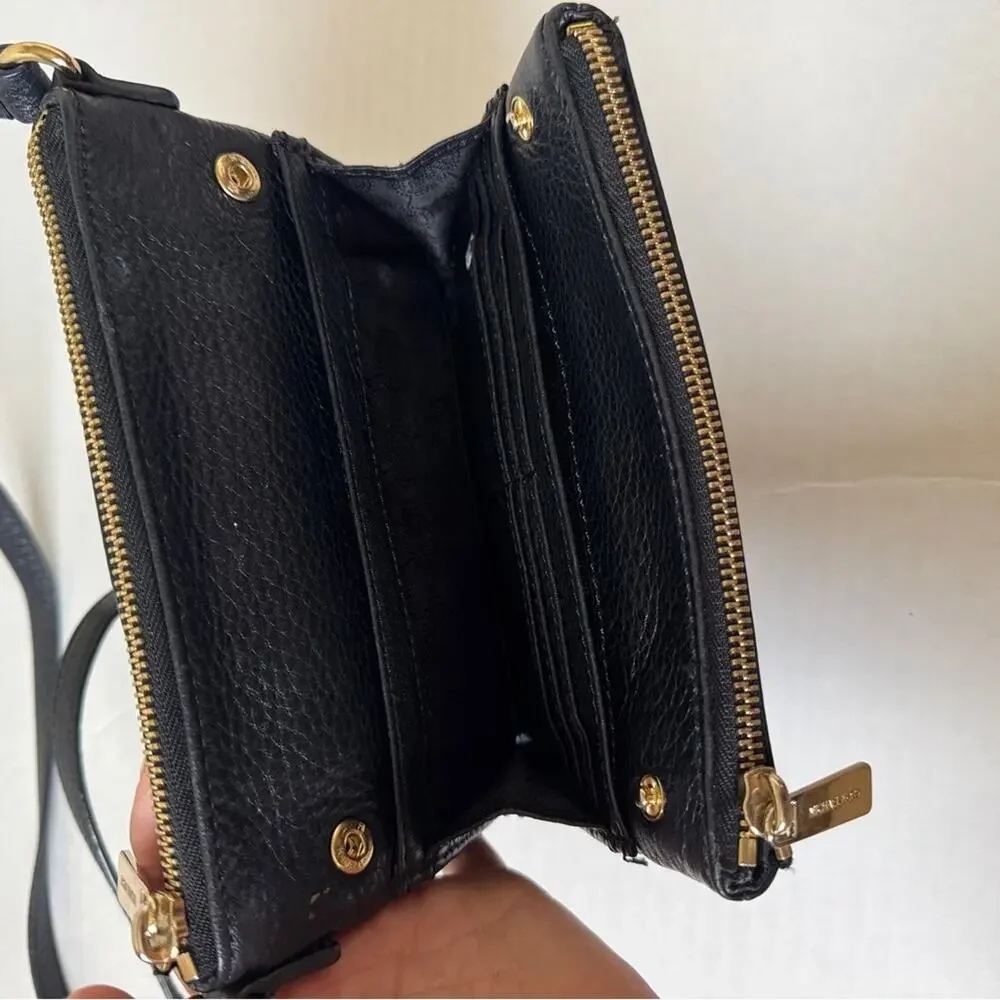 Michael Kors Black Pebbled Leather Crossbody Handbag Purse Bag Gold Tone Classic